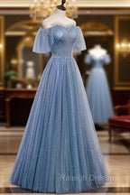 Blue Tulle Long A Line Prom Dress, Off the Shoulder Prom Prom Dress