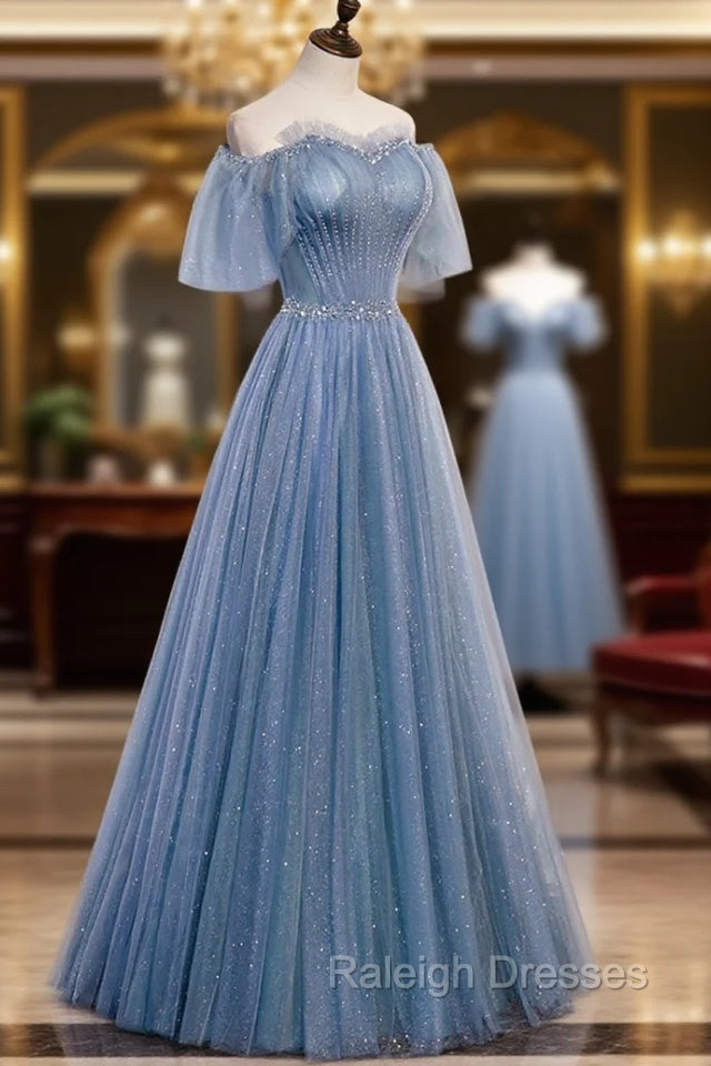 Blue Tulle Long A Line Prom Dress, Off the Shoulder Prom Prom Dress