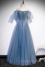 Blue Tulle Long A Line Prom Dress, Off the Shoulder Prom Prom Dress
