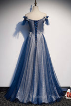 Blue Tulle Long A-Line Prom Dress, Off the Shoulder Evening Party Dress