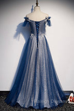 Blue Tulle Long A Line Prom Dress, Off the Shoulder Prom Prom Dress