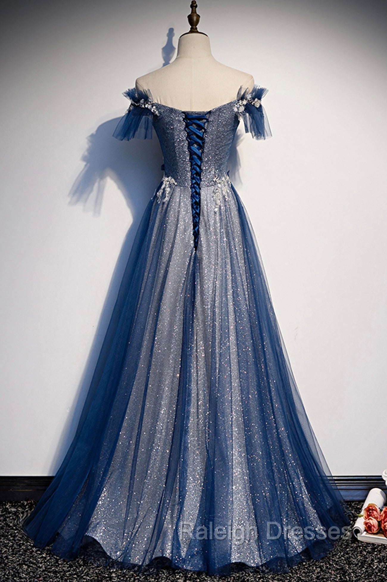 Blue Tulle Long A Line Prom Dress, Off the Shoulder Prom Prom Dress