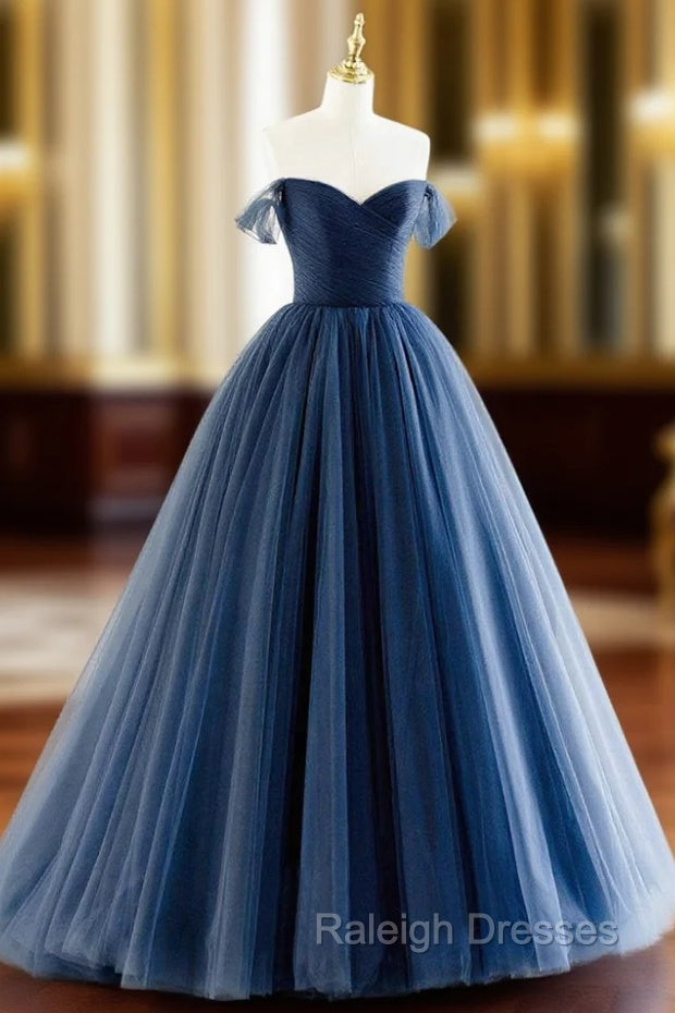 Blue Tulle Long A-Line Prom Dress, Off the Shoulder Formal Evening Dress Main image