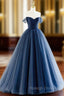Blue Tulle Long A-Line Prom Dress, Off the Shoulder Formal Evening Dress