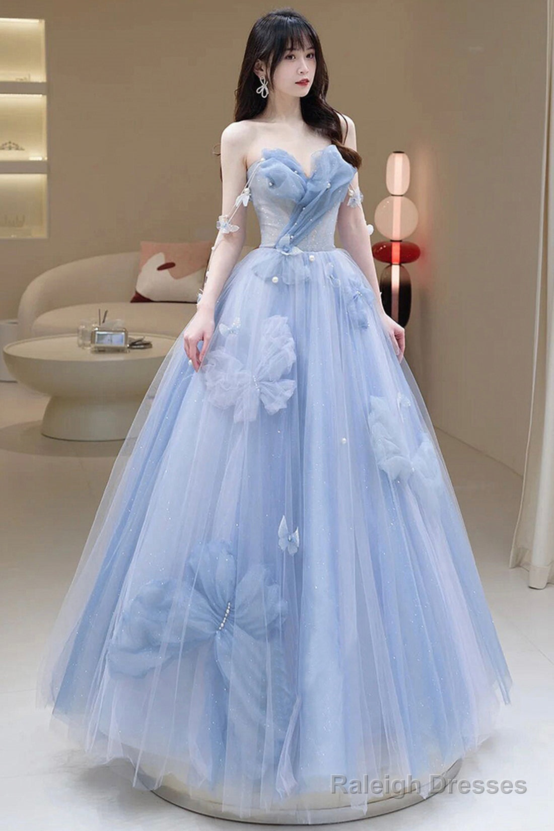 Blue Tulle Long A-Line Prom Dress Party Dress, Beautiful Blue Evening Dress