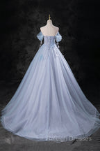 Blue Tulle Long A-Line Prom Dress Party Dress, Beautiful Off the Shoulder Blue Evening Dress