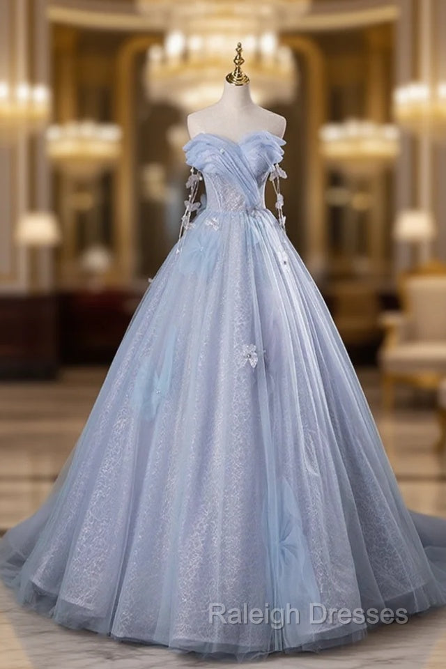 Blue Tulle Long A-Line Prom Dress Party Dress, Beautiful Off the Shoulder Blue Evening Dress Main image