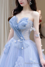 Blue Tulle Long A Line Prom Dress, Blue Prom Dress