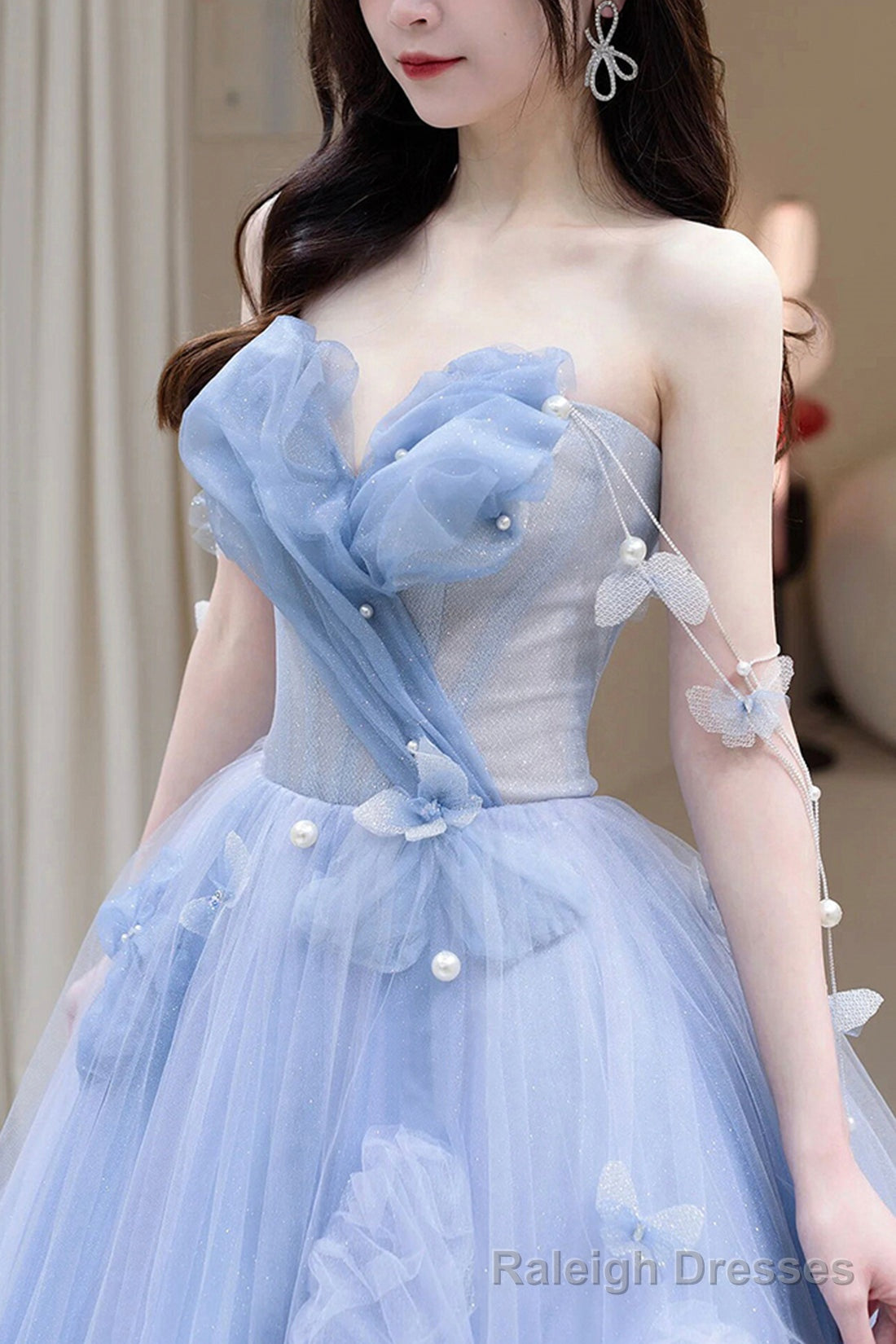 Blue Tulle Long A Line Prom Dress, Blue Prom Dress