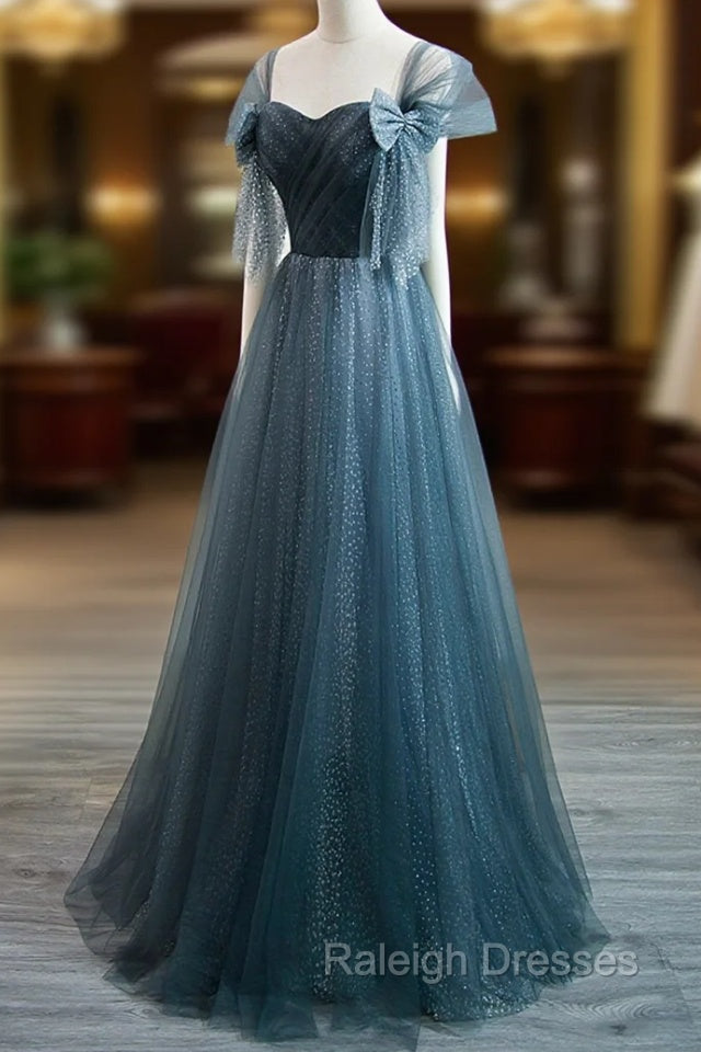 Blue Tulle Long A-Line Prom Dress, Simple Sweetheart Neckline Evening Party Dress