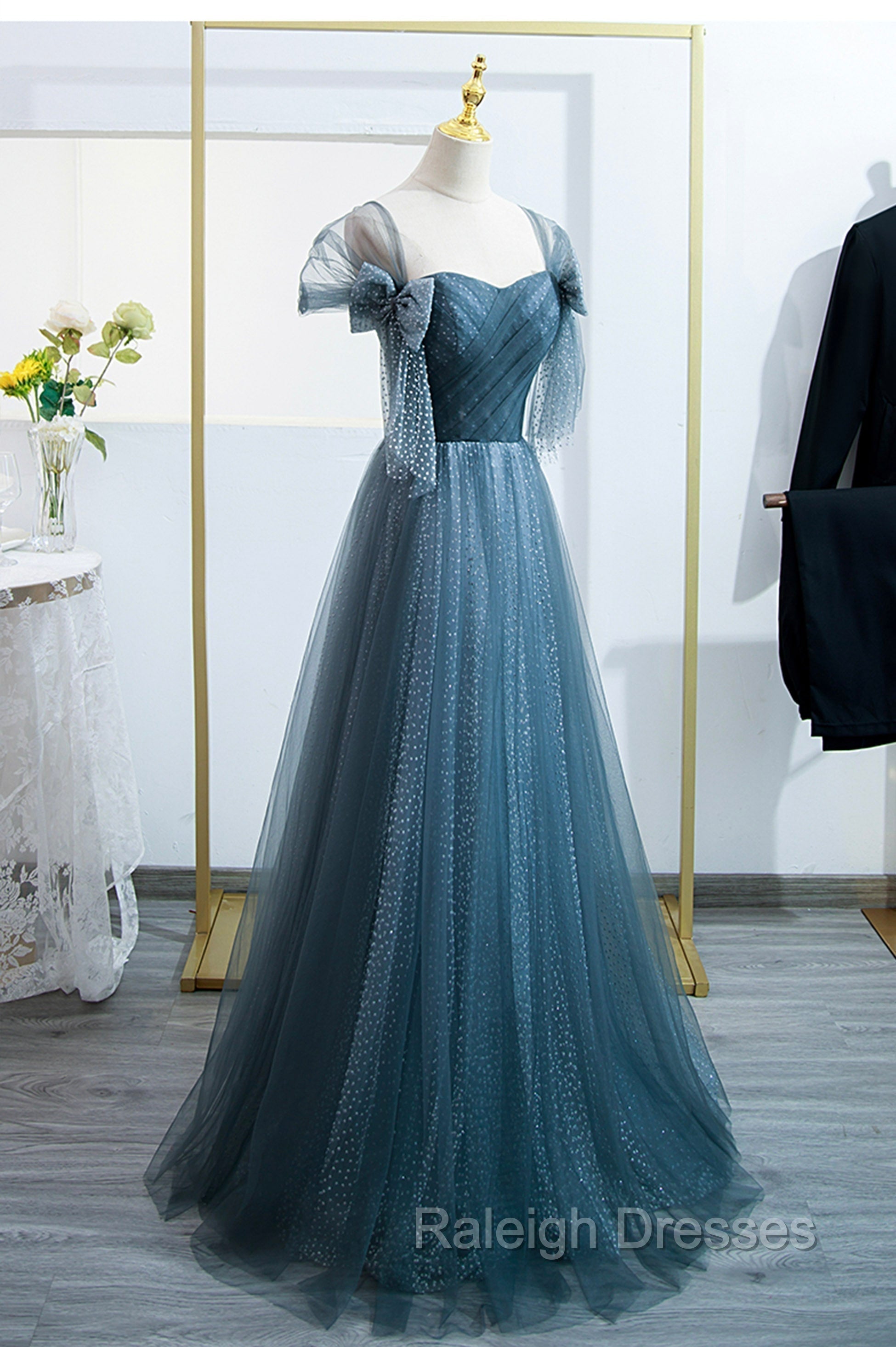Blue Tulle Long A Line Prom Dress, Simple Sweetheart Neckline Prom Prom Dress