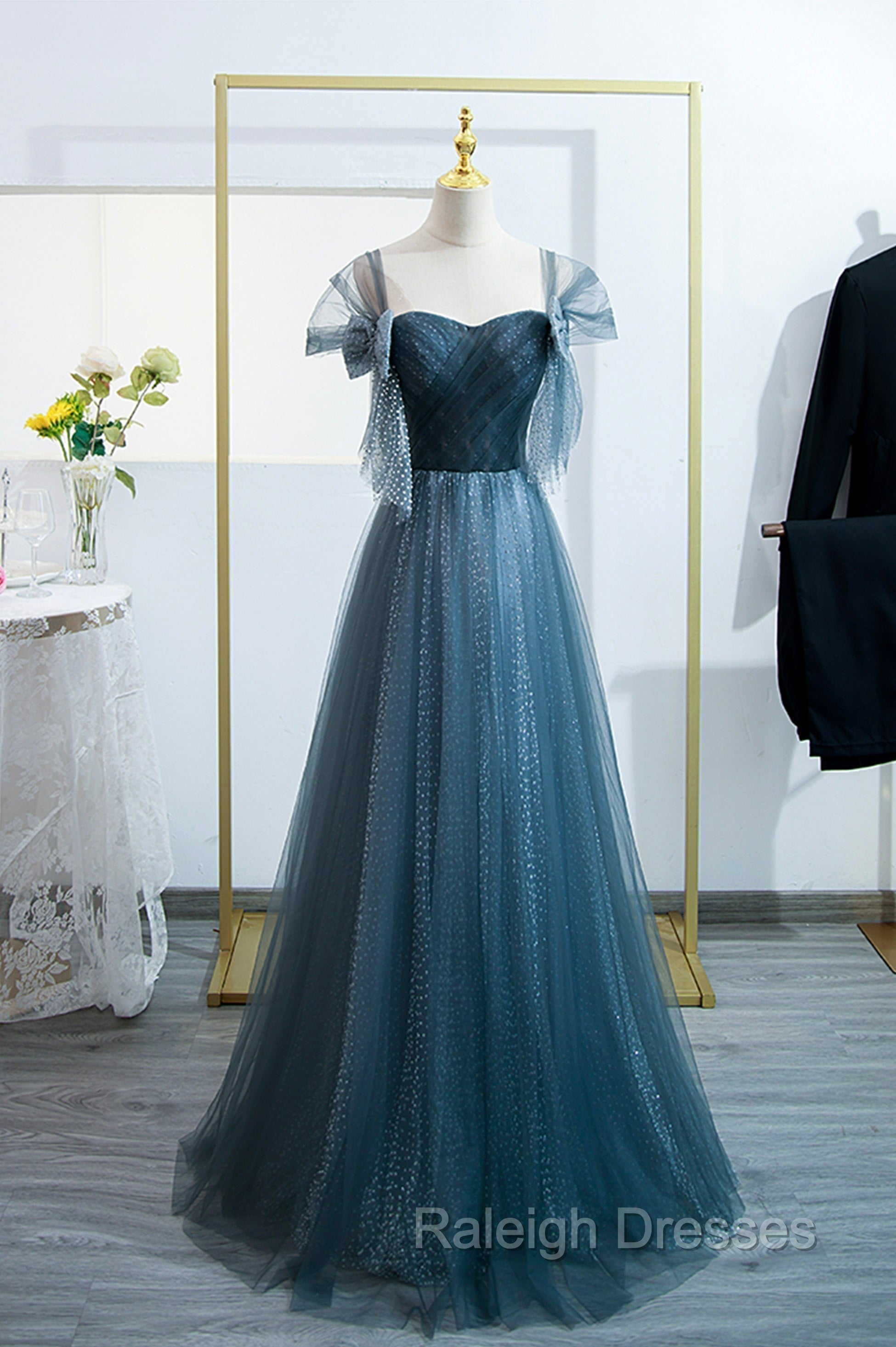 Blue Tulle Long A-Line Prom Dress, Simple Sweetheart Neckline Evening Party Dress Main image