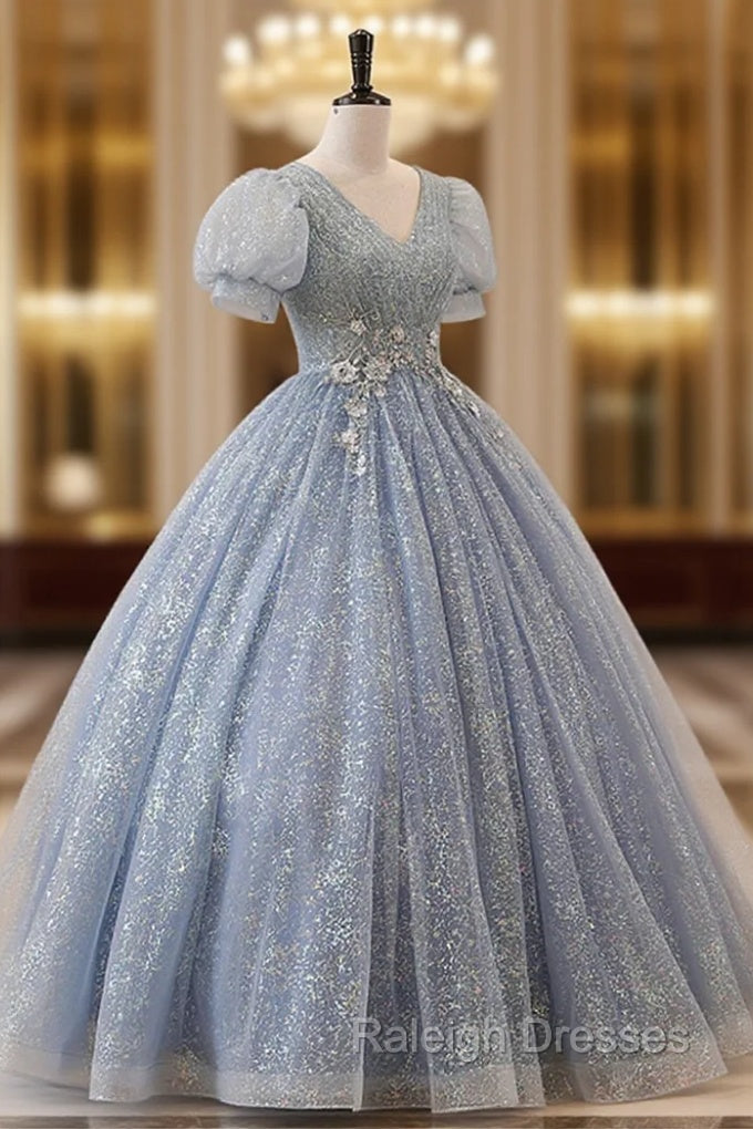 Blue Tulle Long A Line Prom Dresses V Neck Short Sleeve Prom Dresses