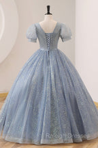 Blue Tulle Long A-Line Prom Dress, V-Neck Short Sleeve Evening Dress