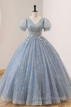 Blue Tulle Long A Line Prom Dresses V Neck Short Sleeve Prom Dresses