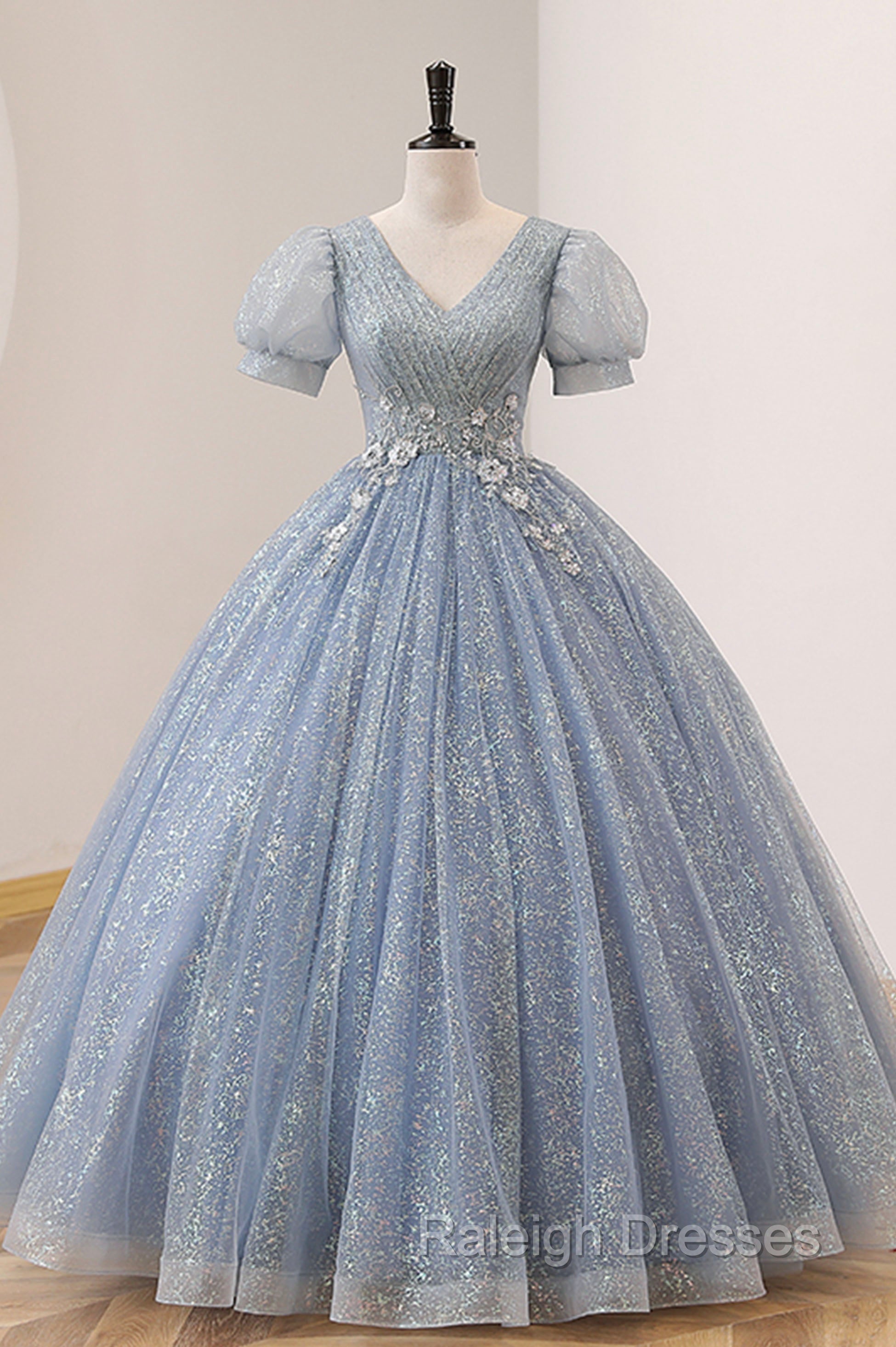 Blue Tulle Long A Line Prom Dresses V Neck Short Sleeve Prom Dresses