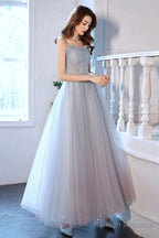 Blue Tulle Long A-Line Prom Dress With Beaded, Blue Strapless Evening Dress