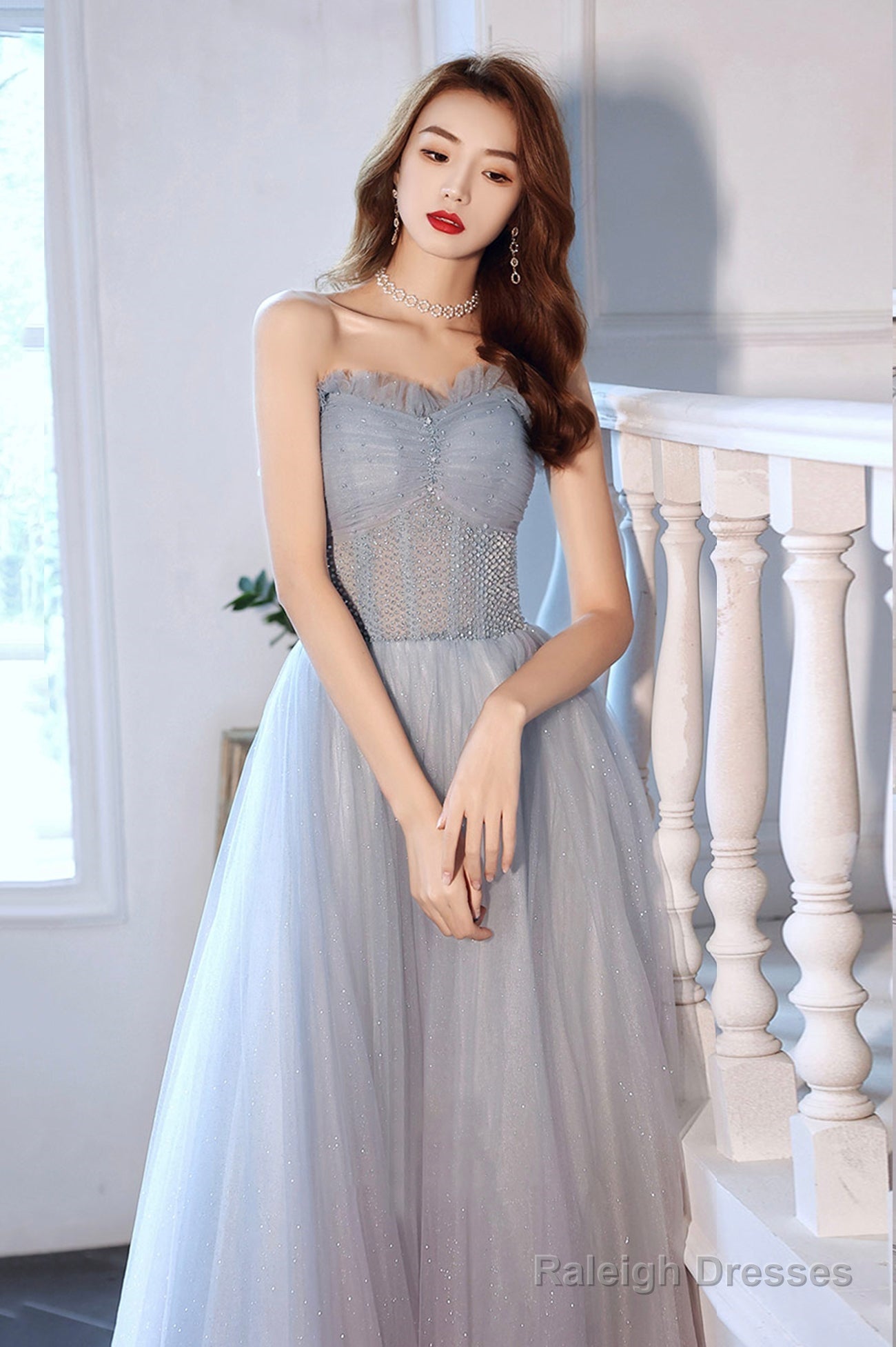 Blue Tulle Long A-Line Prom Dress With Beaded, Blue Strapless Evening Dress