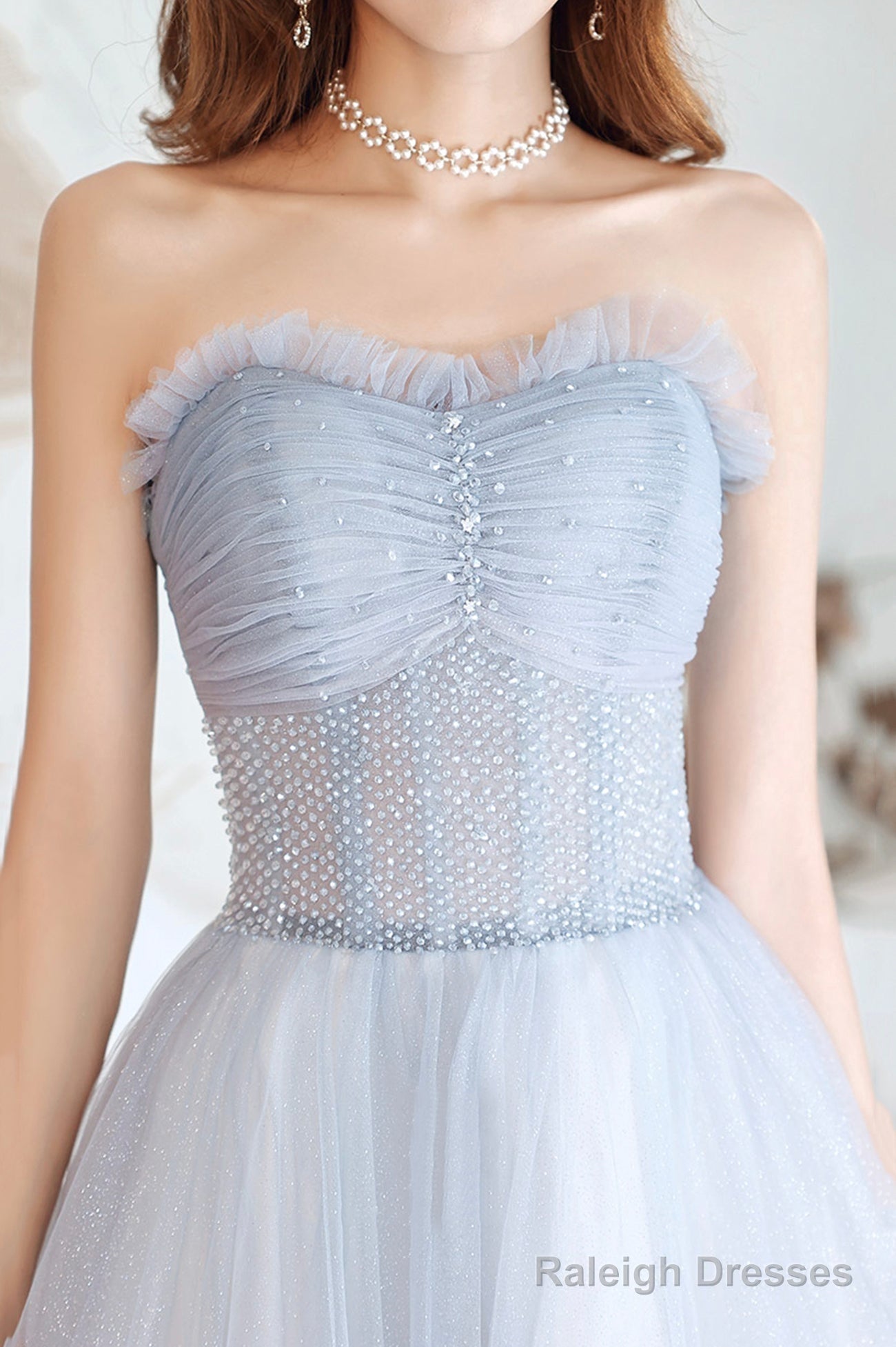 Blue Tulle Long A-Line Prom Dress With Beaded, Blue Strapless Evening Dress