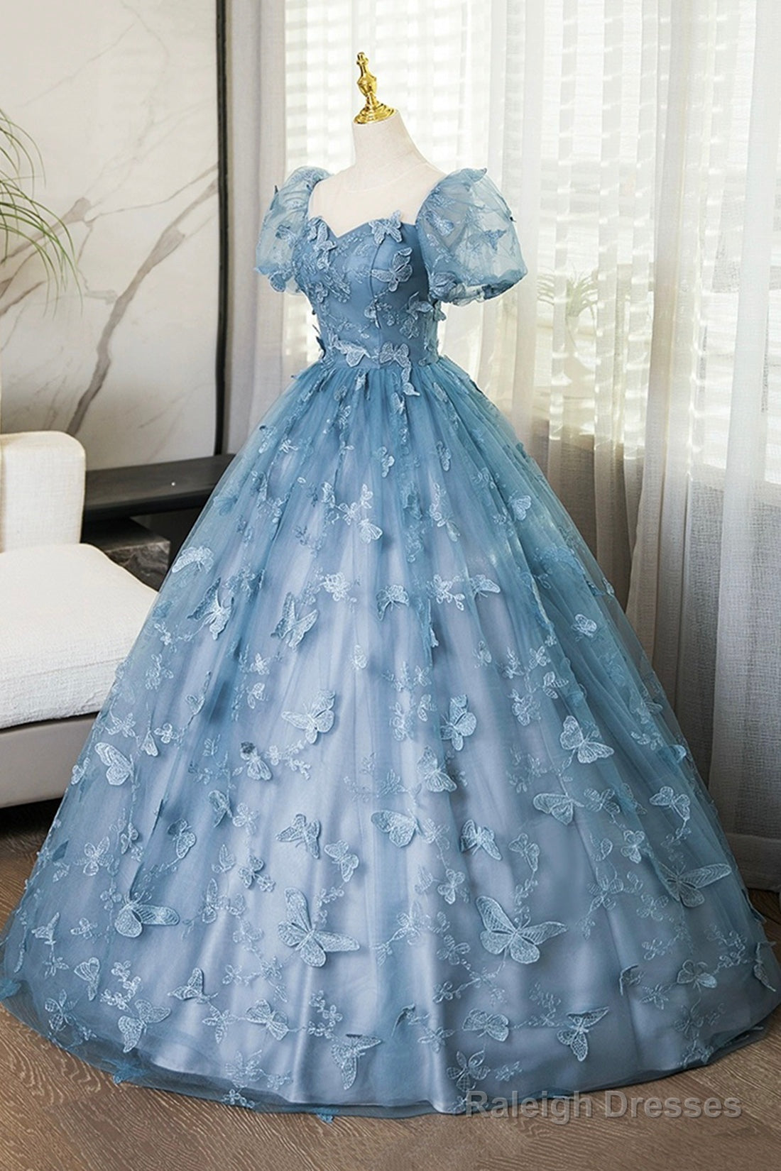Blue Tulle Long A-Line Prom Dress With Butterfly Lace, Beautiful Short Sleeve Evening Dress