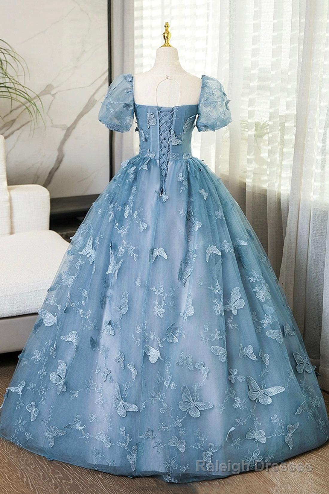 Blue Tulle Long A-Line Prom Dress With Butterfly Lace, Beautiful Short Sleeve Evening Dress