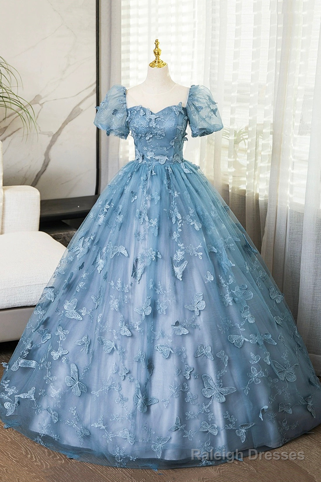 Blue Tulle Long A-Line Prom Dress With Butterfly Lace, Beautiful Short Sleeve Evening Dress Main image