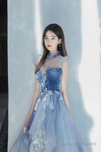 Blue Tulle Long A-Line Prom Dresses With Lace Lovely Prom Dresses