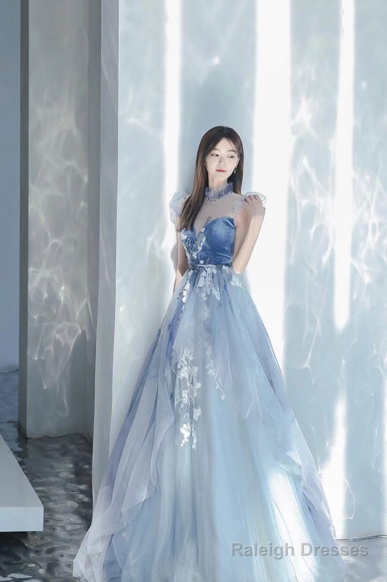 Blue Tulle Long A-Line Prom Dress With Lace, Lovely Evening Party Dress