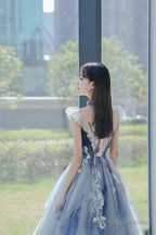 Blue Tulle Long A-Line Prom Dress With Lace, Lovely Evening Party Dress