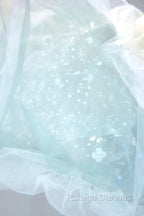 Blue Tulle Long A-Line Prom Dress with Sequins, Lovely Puff Sleeve Evening Gown