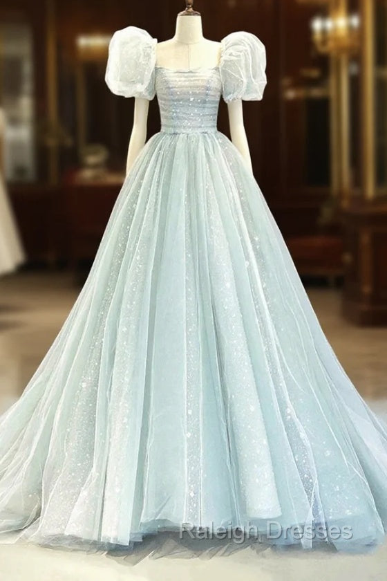 Blue Tulle Long A-Line Prom Dress with Sequins, Lovely Puff Sleeve Evening Gown Main image