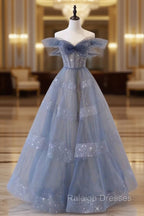 Blue Tulle Long A-Line Prom Dress