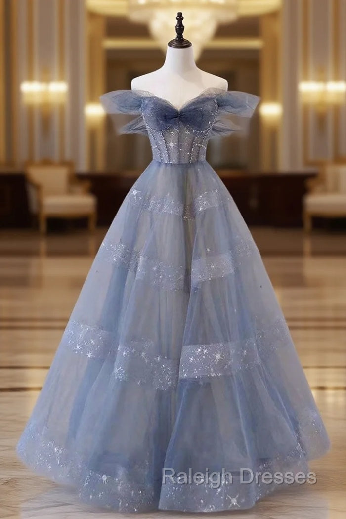 Blue Tulle Long A Line Prom Dresses Main image
