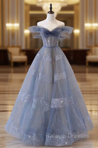 Blue Tulle Long A Line Prom Dresses