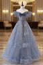 Blue Tulle Long A Line Prom Dresses
