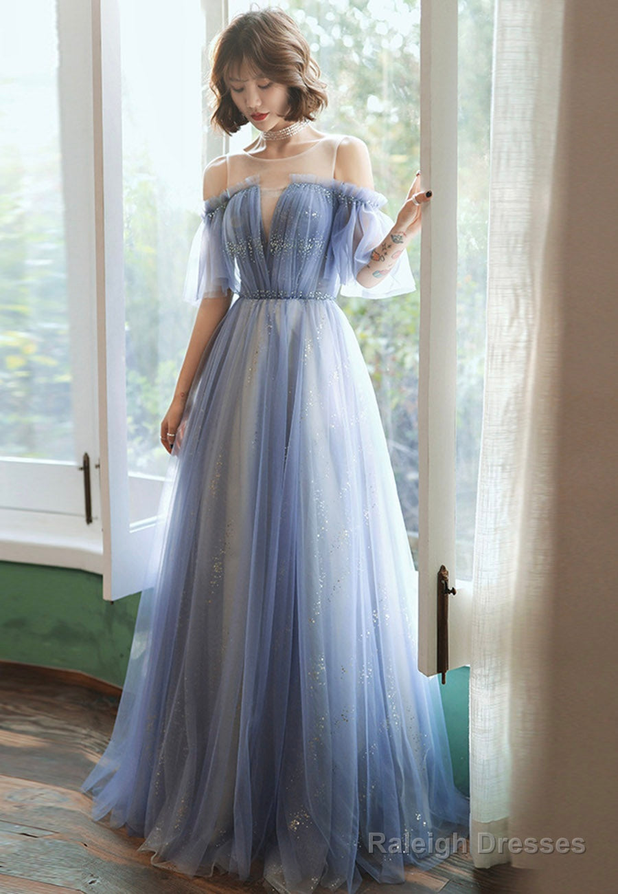 Blue Tulle Long A-Line Prom Dresses, Blue Evening Dresses Secondary image