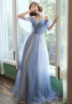 Blue Tulle Long A-Line Prom Dresses, Blue Evening Dresses