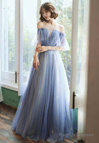 Blue Tulle Long A-Line Prom Dresses, Blue Evening Dresses