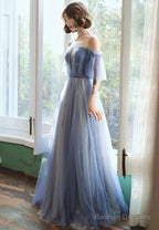 Blue Tulle Long A-Line Prom Dresses, Blue Evening Dresses