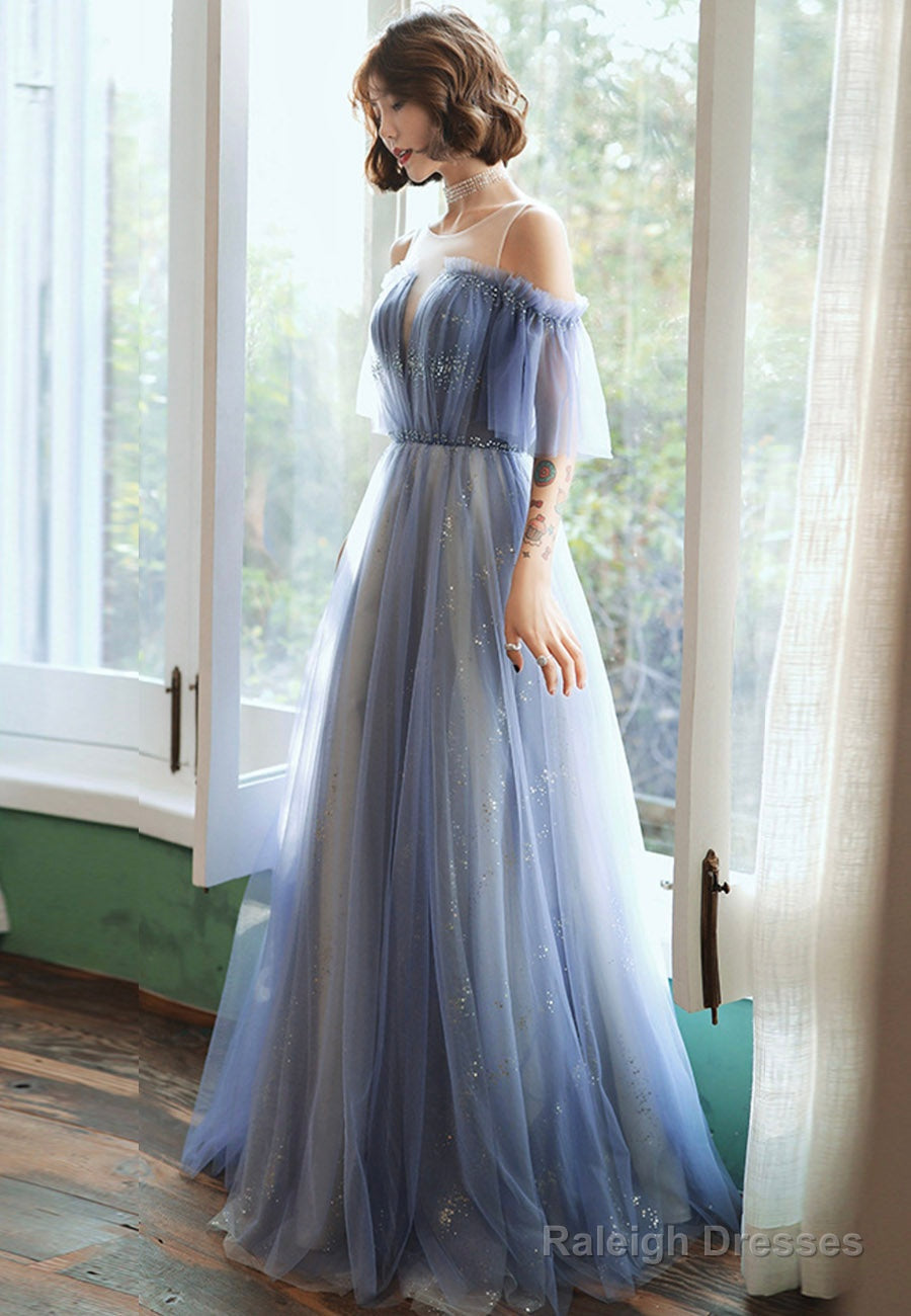 Blue Tulle Long A-Line Prom Dresses, Blue Evening Dresses