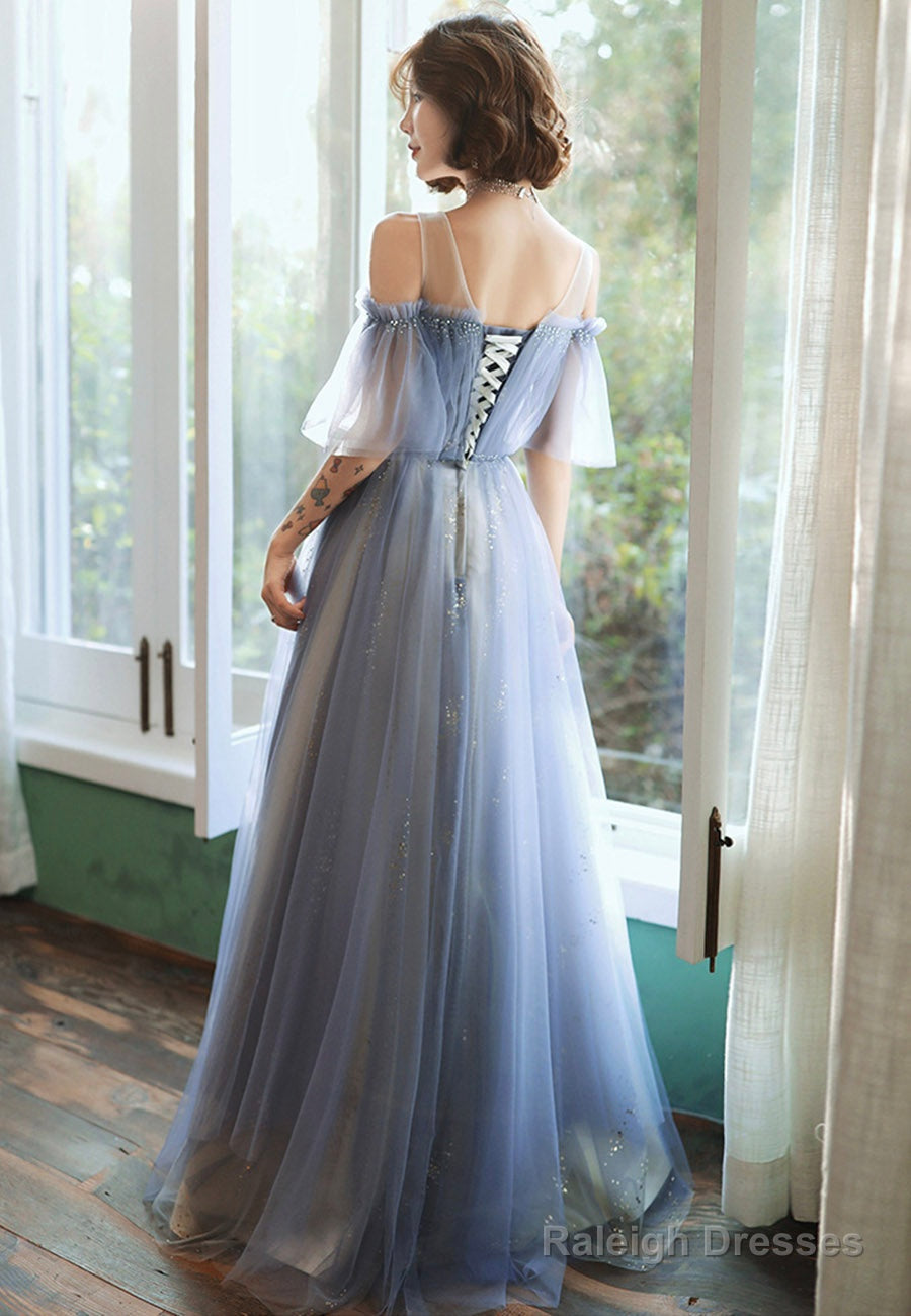 Blue Tulle Long A-Line Prom Dresses, Blue Evening Dresses