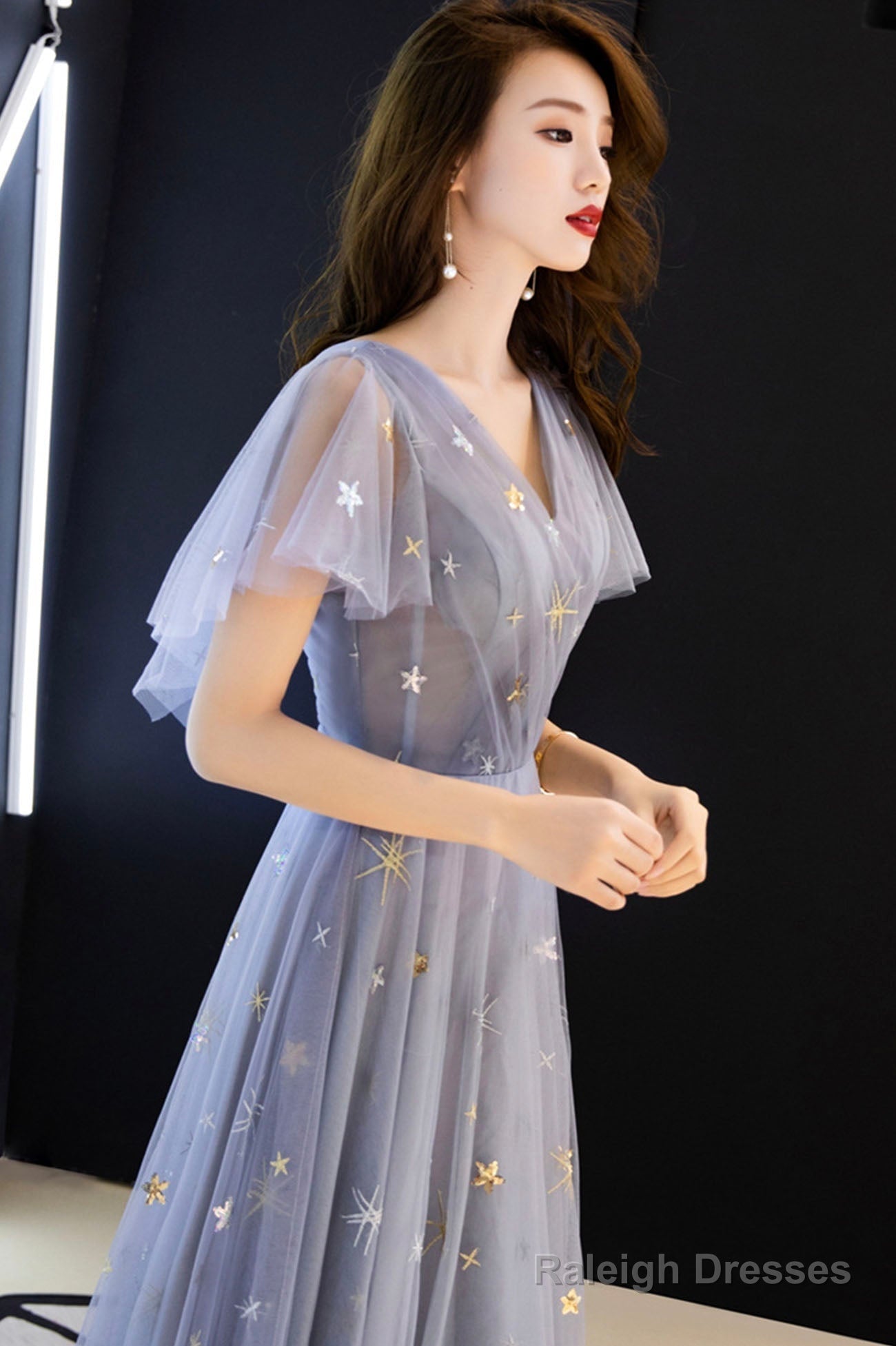 Blue Tulle Long A-Line Prom Dresses, V-Neck Evening Dresses Secondary image