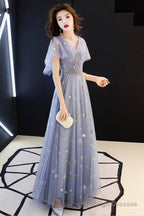 Blue Tulle Long A-Line Prom Dresses, V-Neck Evening Dresses