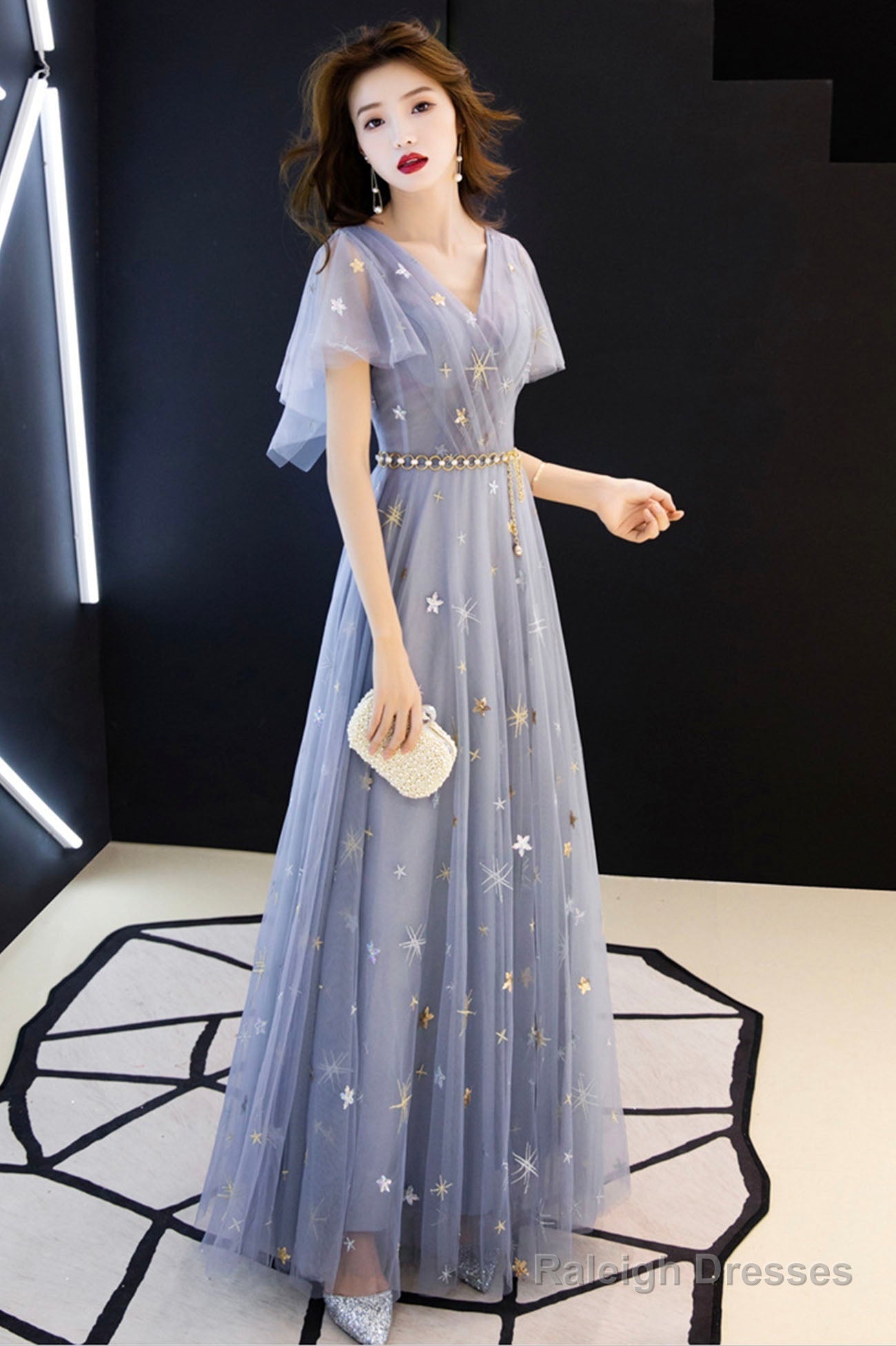 Blue Tulle Long A-Line Prom Dresses, V-Neck Evening Dresses