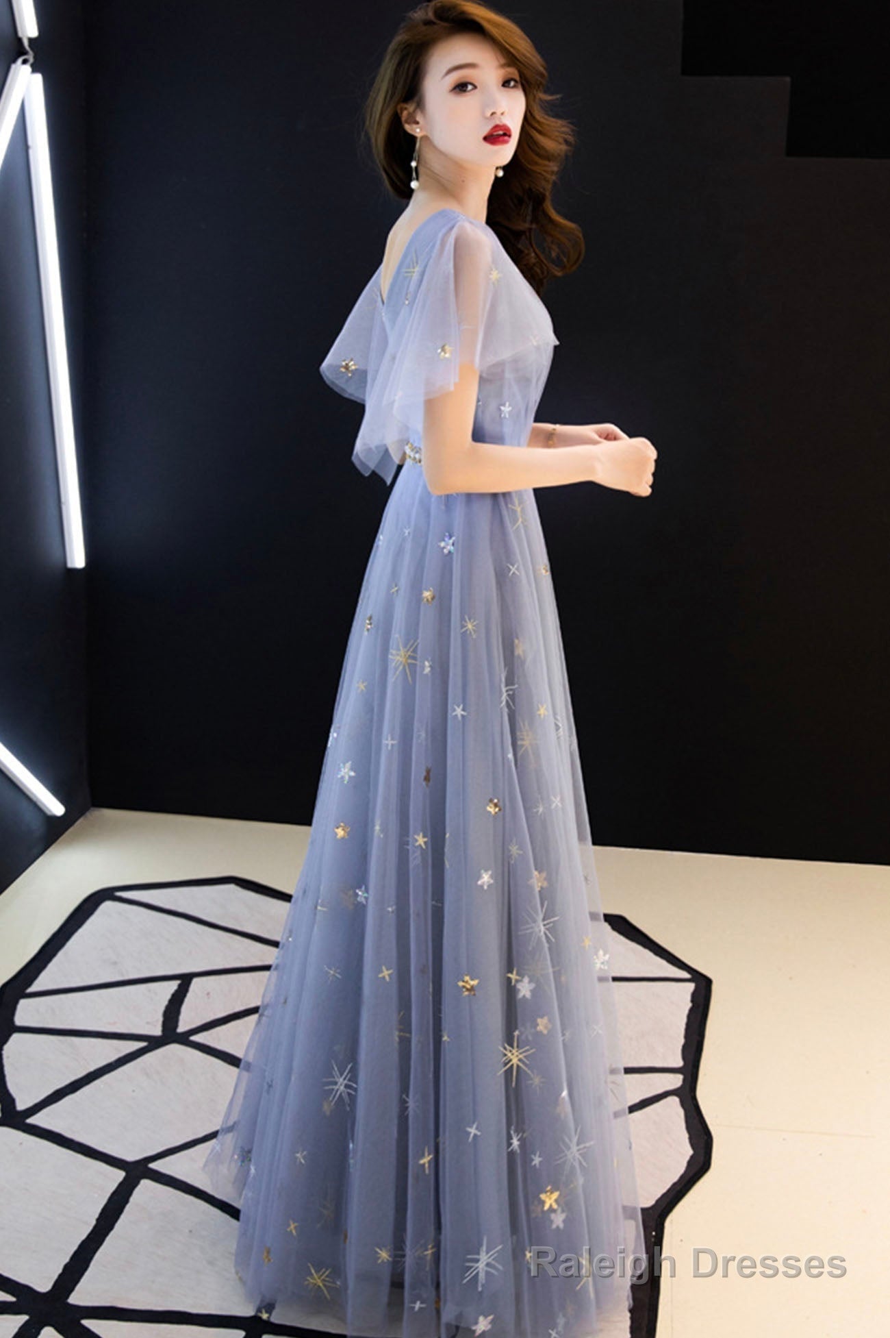 Blue Tulle Long A-Line Prom Dresses, V-Neck Evening Dresses