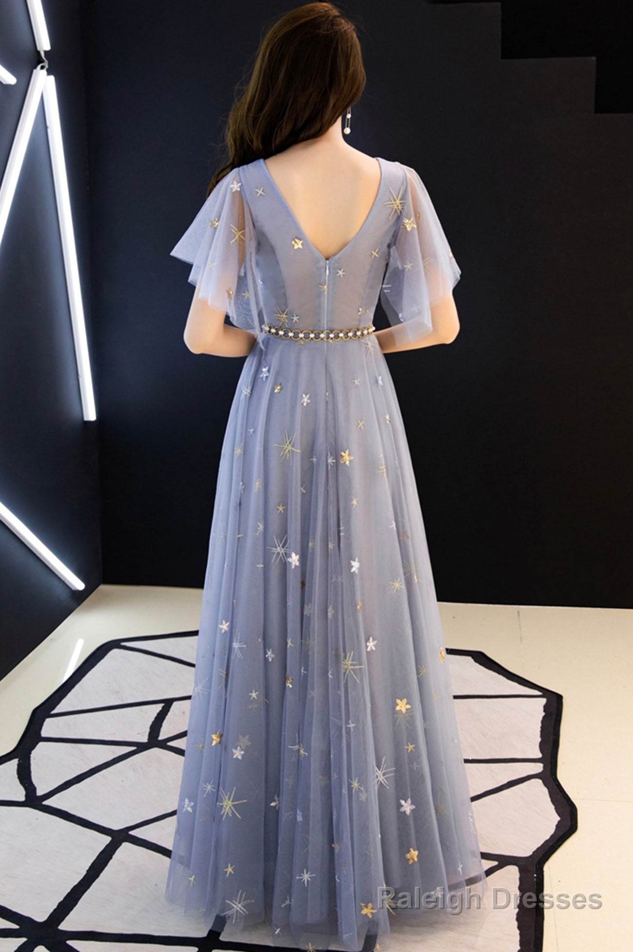 Blue Tulle Long A-Line Prom Dresses, V-Neck Evening Dresses