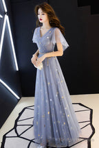 Blue Tulle Long A-Line Prom Dresses, V-Neck Evening Dresses