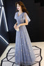 Blue Tulle Long A-Line Prom Dresses, V-Neck Evening Dresses