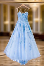 Blue Tulle Long Backless A Line Prom Dress Evening Dress