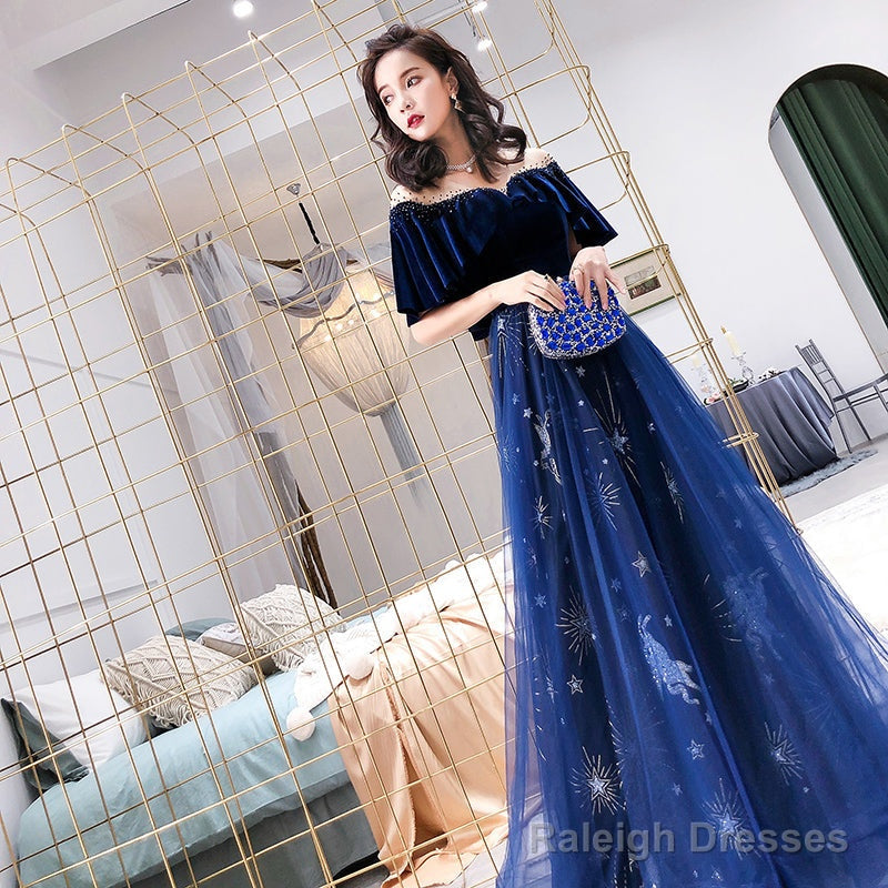Blue Tulle Long Beaded  Party Dress, Blue Velvet Top Prom Dress Evening Gown Secondary image